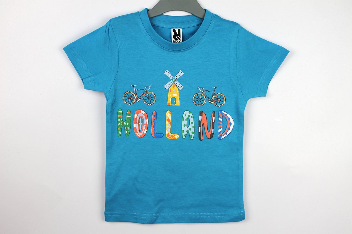 Kinder t-shirt blauw Holland molen en fiets | Maat 128